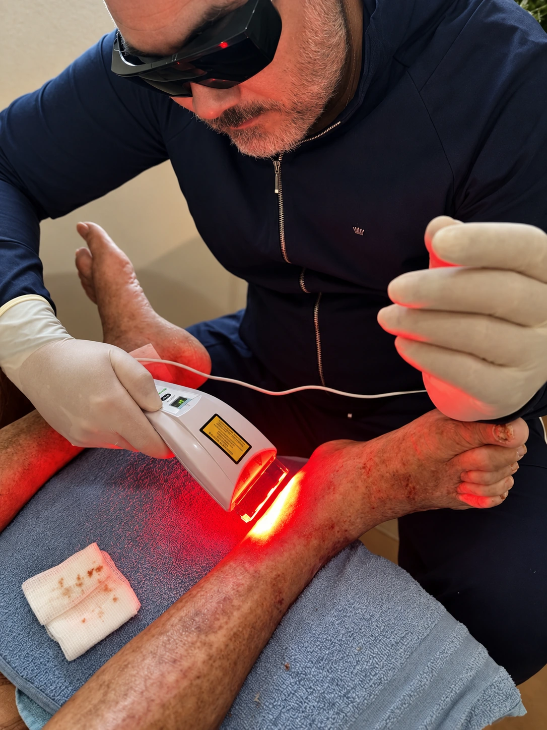 Profissional realizando atendimento de feridas com equipamento de luz